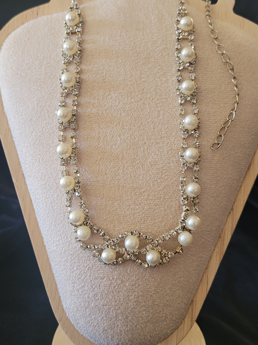 Pearl and Rhinestone Silver-Tone Necklace - Elegant White Pearls